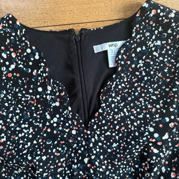 Fit & Flare Knee Length Scalloped V Neck Dress Splatter Black SZ 12 Skater - Picture 8 of 10